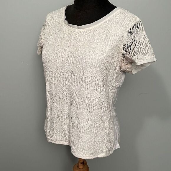 Verve Ami White Short Sleeve Lace Overlay Top - Picture 2 of 7